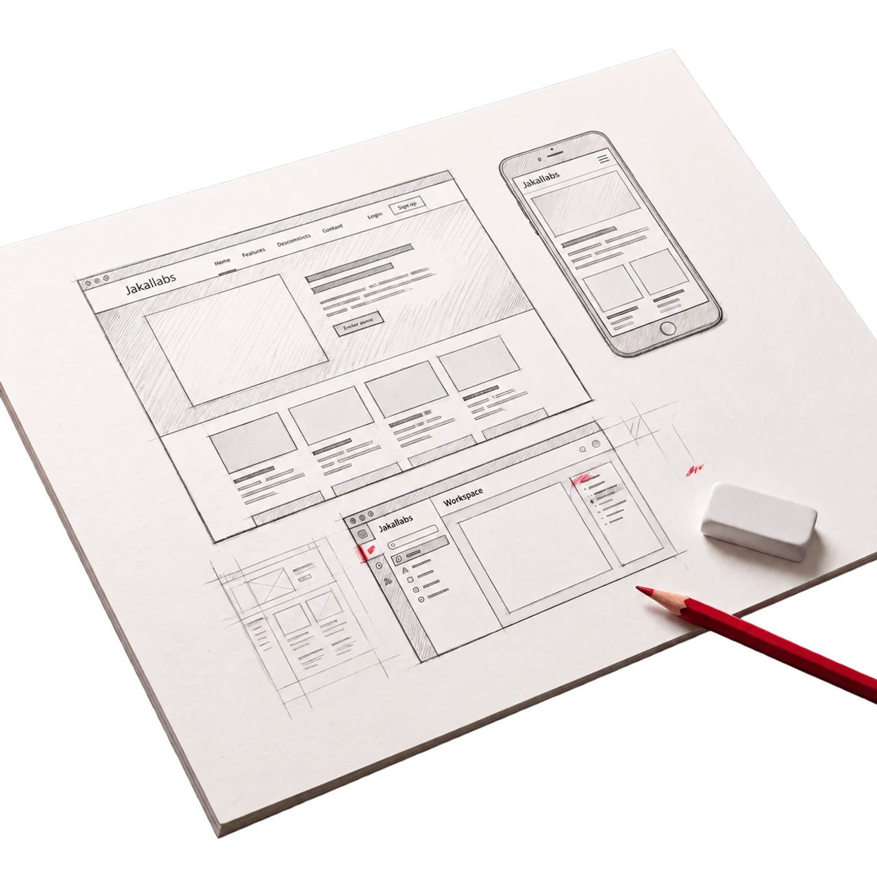 A carefully resolved website and application study with precise spacing and small red refinements.