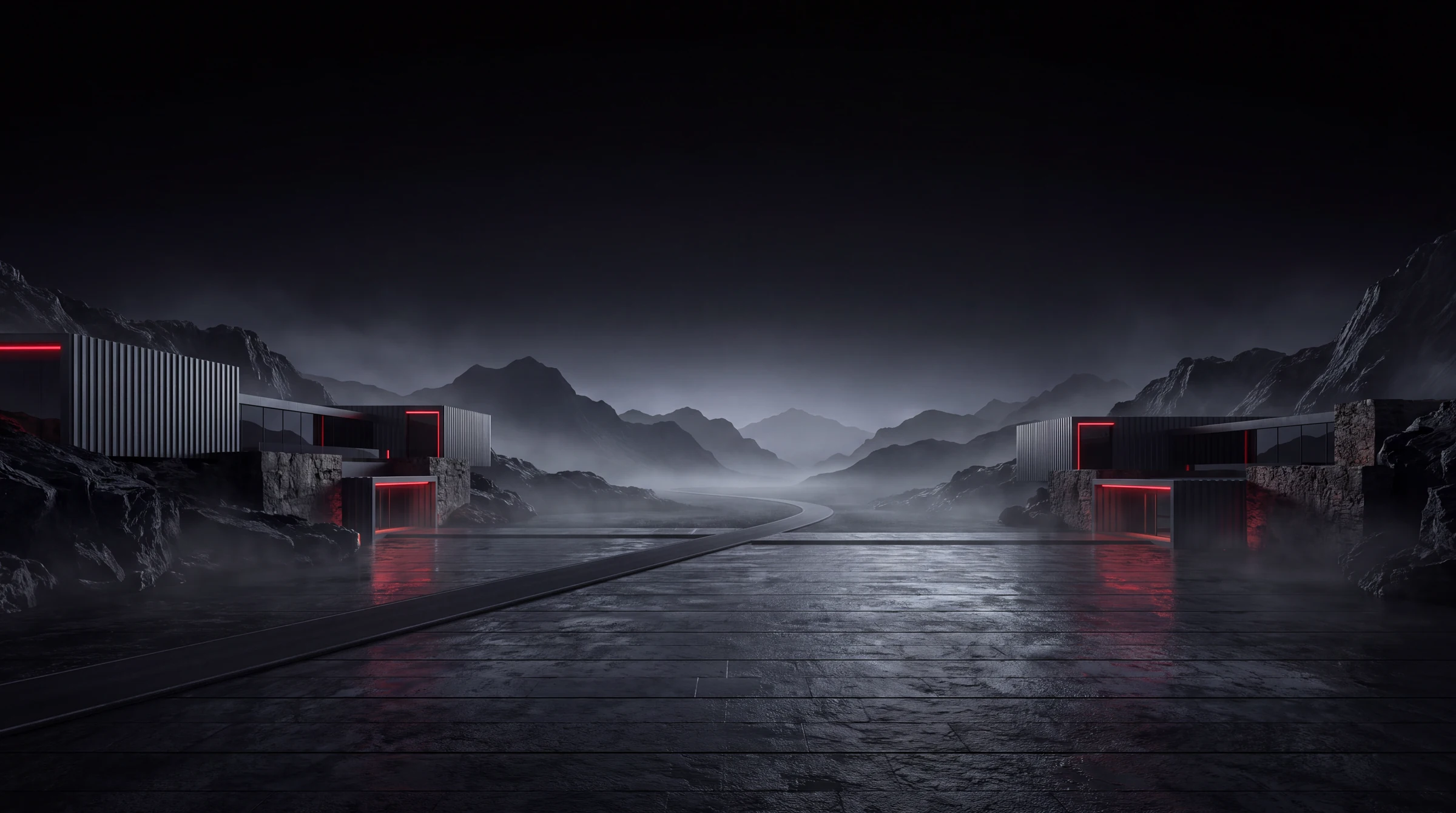 A winding path leads through a quiet architectural campus in a vast mountain valley, lit by crimson architectural details.