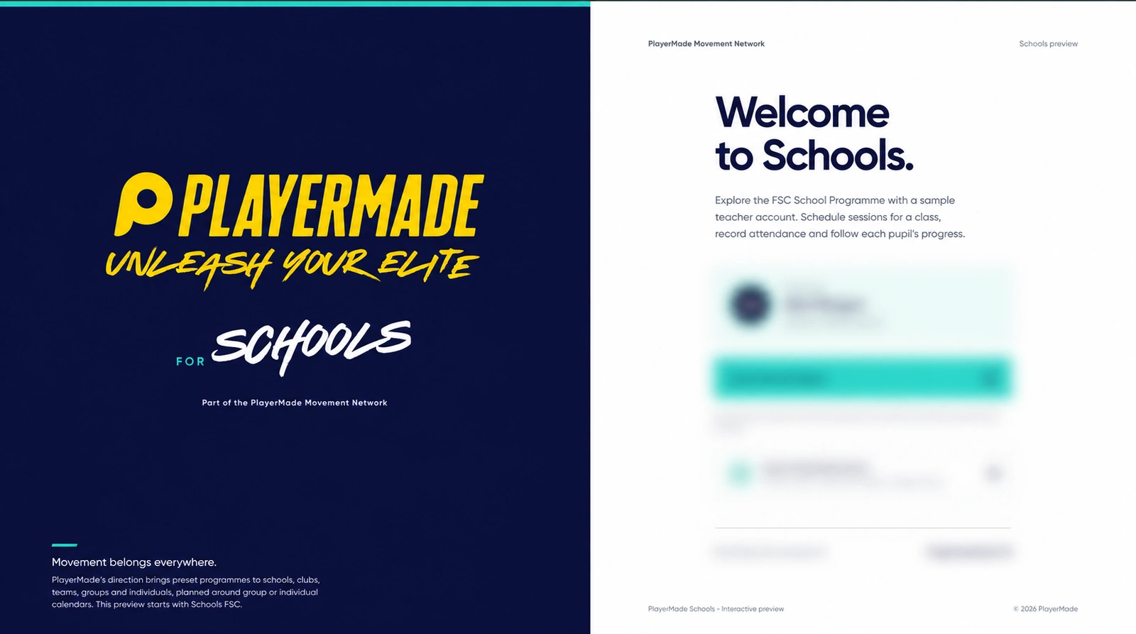 PlayerMade Schools application, with the login controls blurred.